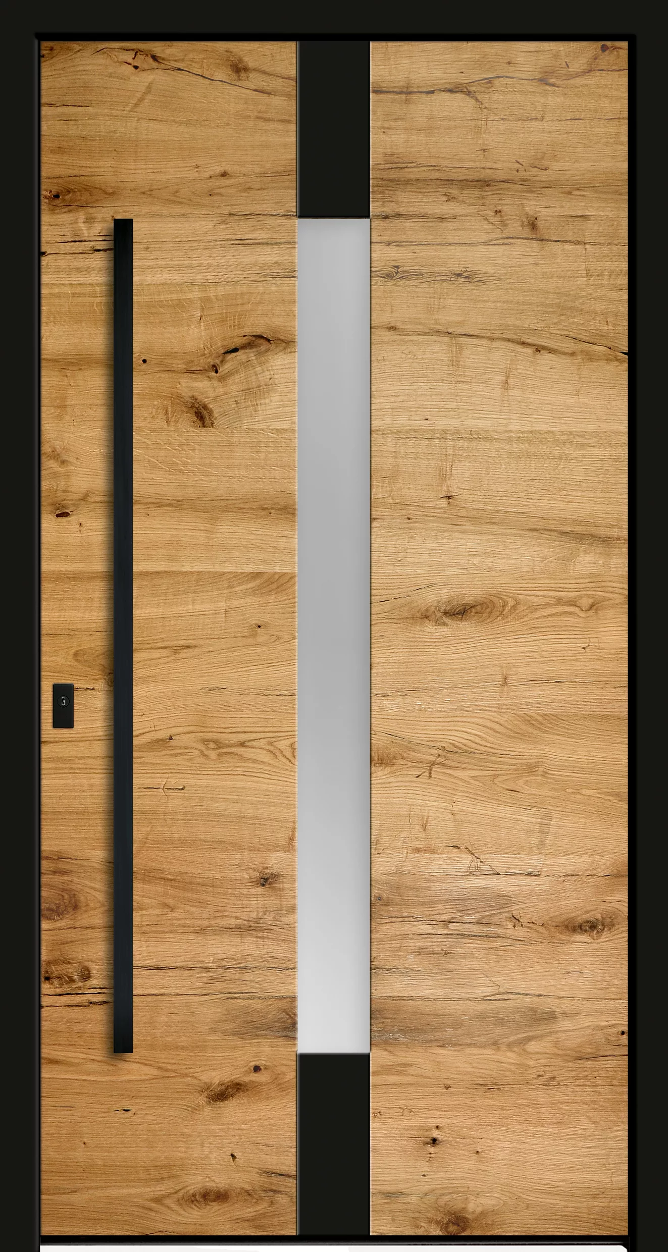 Nowoczesne drzwi wejściowe z jasnego drewna z widocznym usłojeniem, wąskim pionowym pasem matowego szkła pośrodku i długim czarnym uchwytem po lewej, w czarnej ramie.
