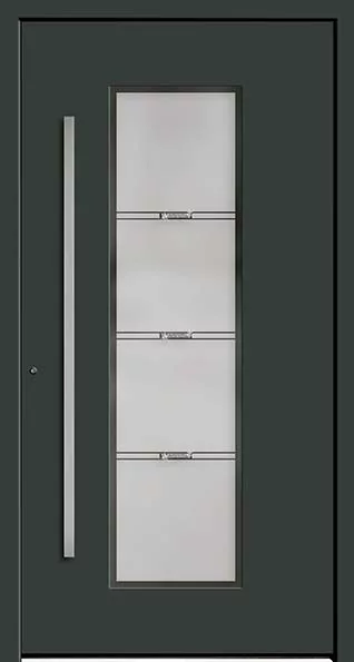 Nowoczesne, ciemnoszare drzwi wejściowe z dużym matowym przeszkleniem podzielonym na cztery sekcje trzema poziomymi listwami oraz długim pionowym uchwytem po lewej.