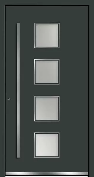 Nowoczesne grafitowe drzwi wejściowe z długim pionowym uchwytem po lewej i czterema kwadratowymi, matowymi przeszkleniami ułożonymi w pionie po prawej.