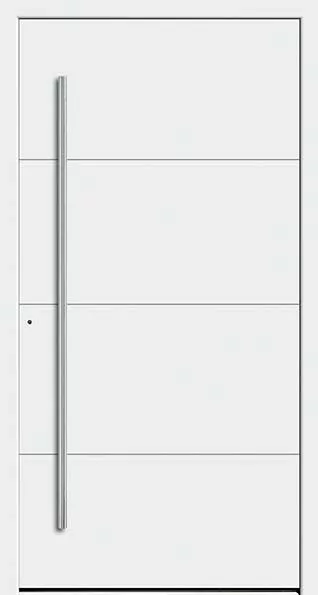 Nowoczesne białe drzwi wejściowe z czterema poziomymi panelami i długim pionowym uchwytem po lewej stronie.