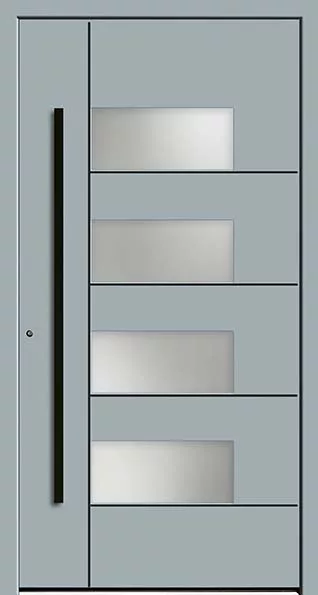 Nowoczesne szare drzwi wejściowe z długim czarnym pochwytem pionowym po lewej i czterema poziomymi, matowymi przeszkleniami ułożonymi w kolumnie po prawej.