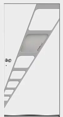 Białe, nowoczesne drzwi z ukośnym szarym panelem zawierającym serię prostokątnych wycięć i matową szybkę pośrodku, z okrągłą klamką po lewej.