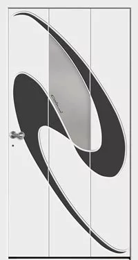 Białe drzwi z abstrakcyjnym czarno‑szarym, falistym wzorem na całej powierzchni i klamką po lewej stronie.