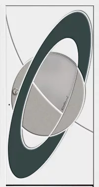 Abstrakcyjny, geometryczny motyw przypominający planetę z pierścieniami: srebrzysty okrąg przecinany ciemnym eliptycznym pierścieniem na jasnym tle.