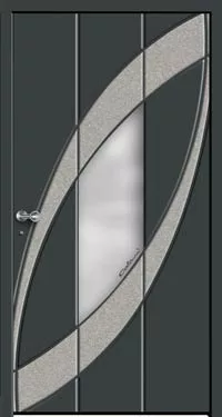 Grafitowe drzwi zewnętrzne z matową, owalną szybą oraz srebrnymi, łukowymi wstawkami dekoracyjnymi; klamka po lewej stronie.