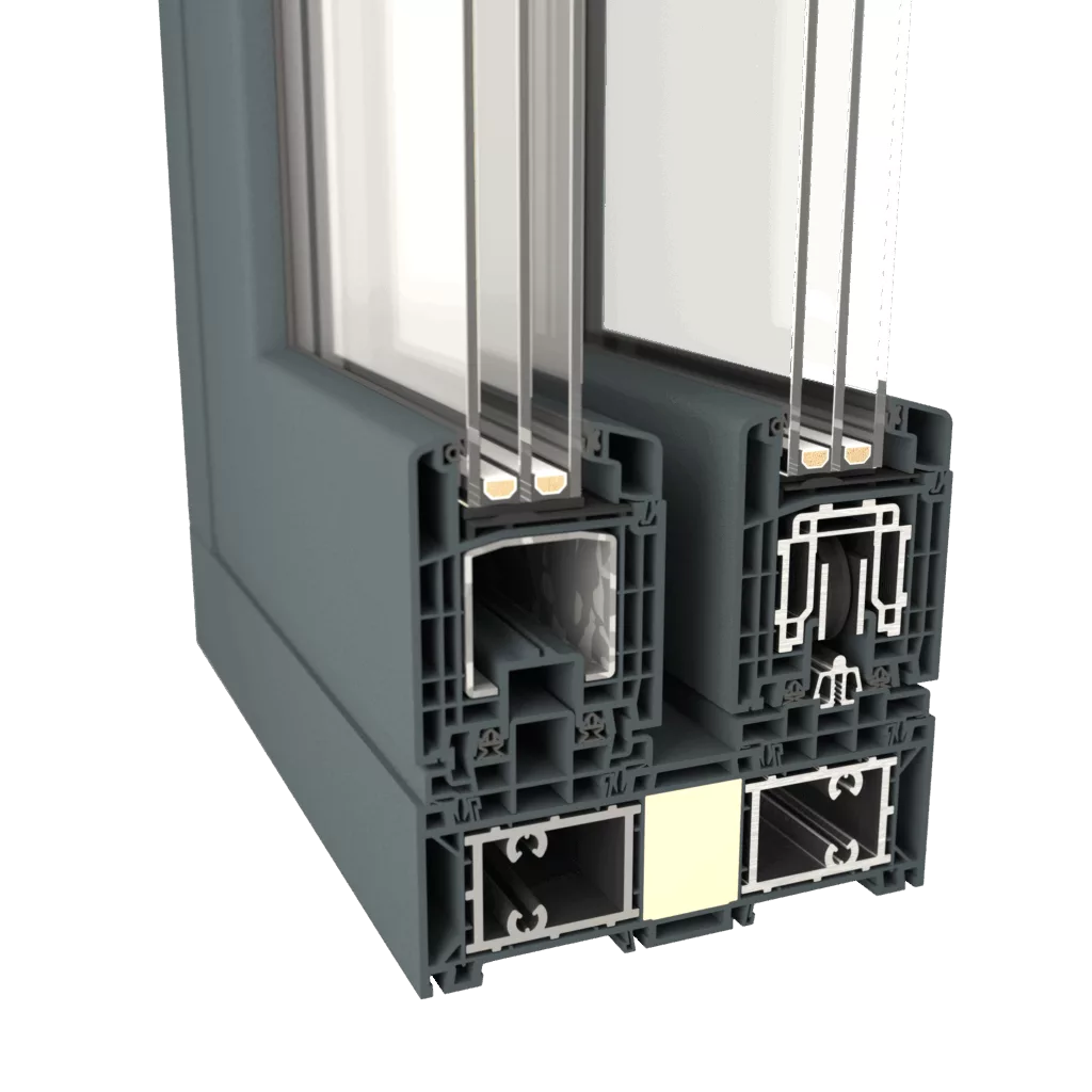 Przekrój narożny profilu drzwi HST w PVC z potrójnym pakietem szybowym; wielokomorowa rama z uszczelkami, wzmocnieniami i wkładką termoizolacyjną.