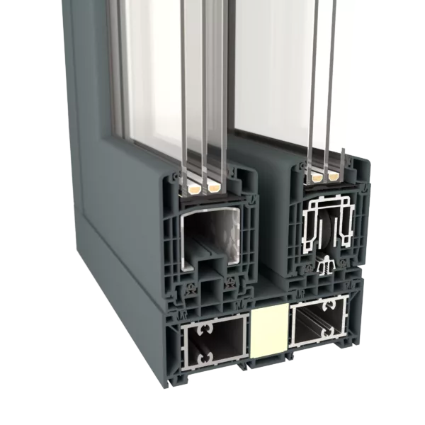 Przekrój narożny profilu drzwi HST w PVC z potrójnym pakietem szybowym; wielokomorowa rama z uszczelkami, wzmocnieniami i wkładką termoizolacyjną.