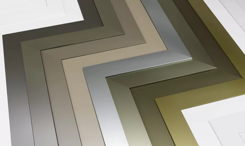 Close-up of the geometric arrangement of overlapping PVC profiles in shades of silver, gold, bronze, and metallic gray, with a distinct brushed texture - Gealan Acrylcolor