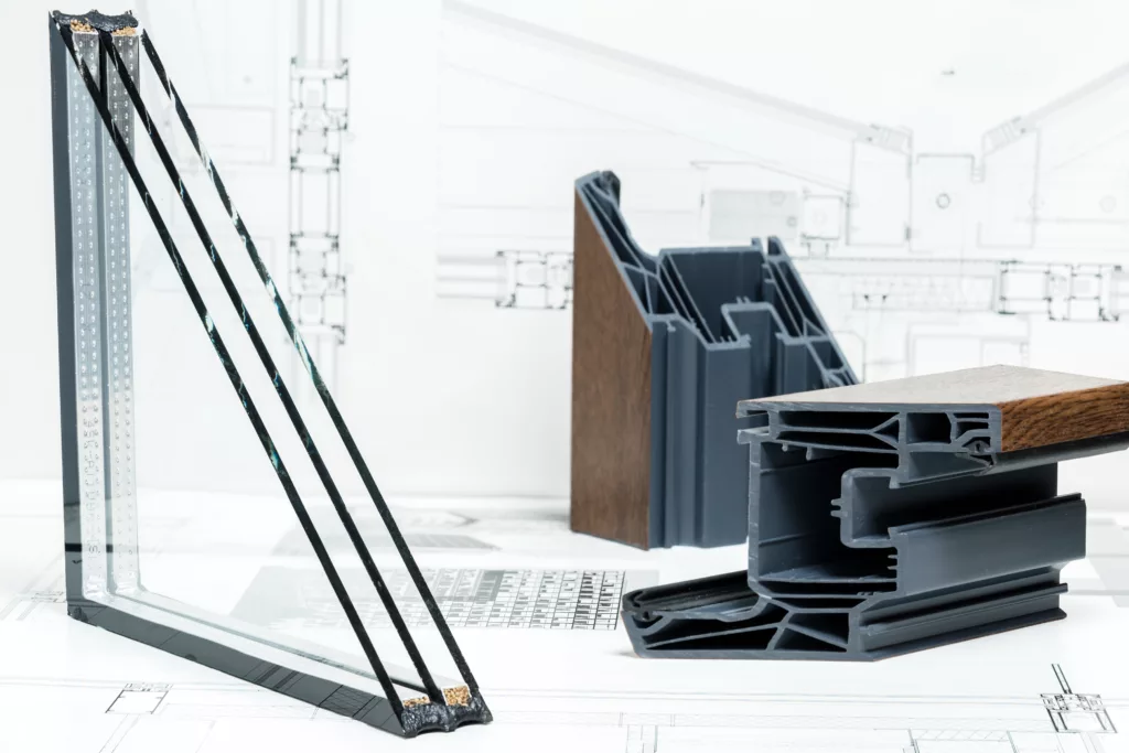 Cross-section of a triple glazed unit and elements of window profiles, including a fragment with wood-like veneer, set against the background of technical drawings.