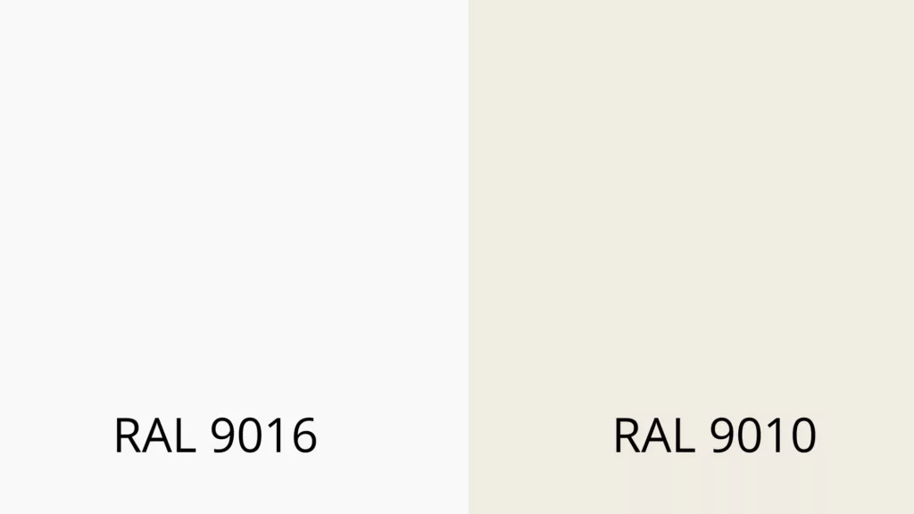 Porównanie próbek kolorów: RAL 9016 czysta biel po lewej, RAL 9010 cieplejsza biel po prawej.