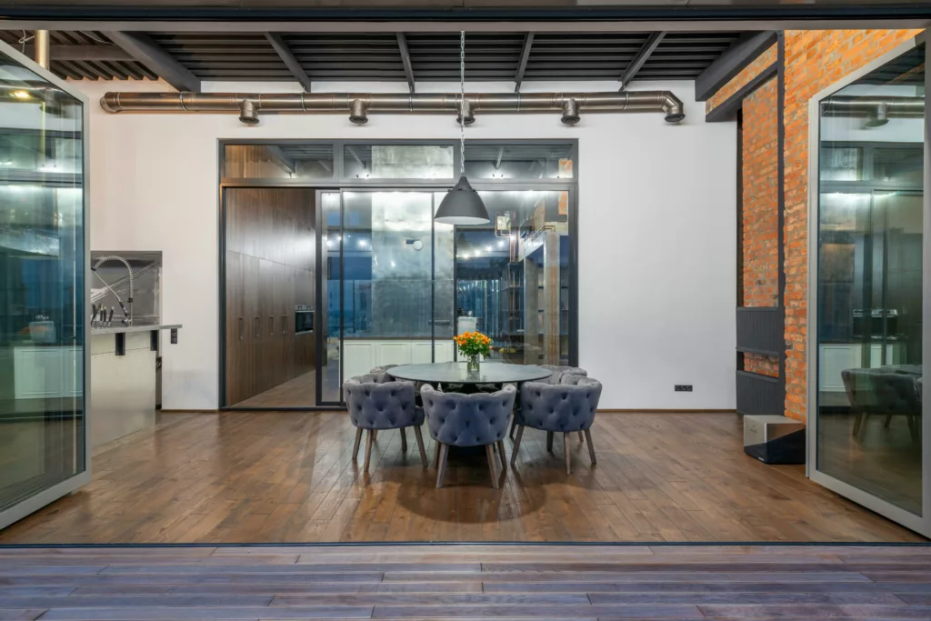Folding doors open