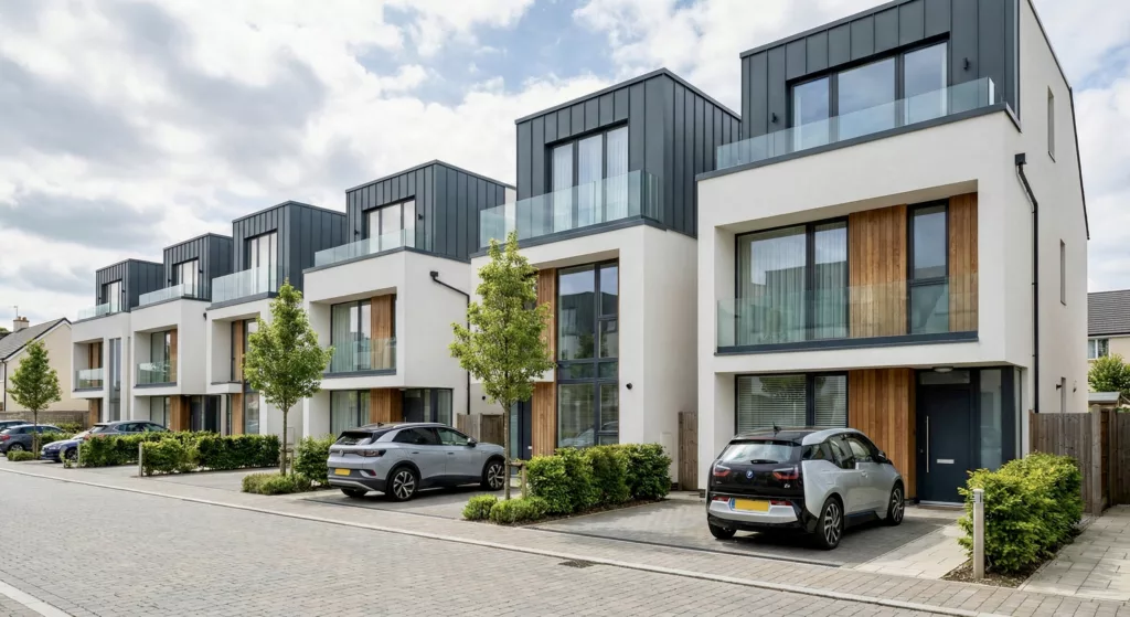 Rząd nowoczesnych domów szeregowych z dużymi oknami PVC i szklanymi balkonami; podjazdy z autami przy spokojnej ulicy.