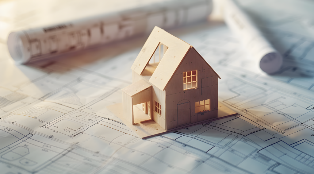 Drewniany model domu jednorodzinnego na planach architektonicznych, zrolowane rysunki w tle, ciepłe światło.