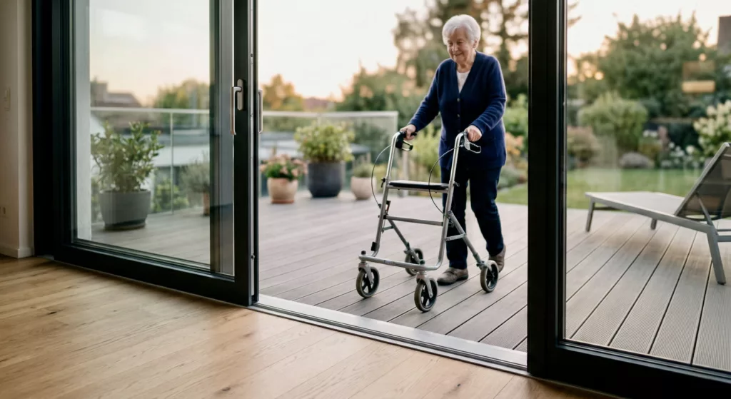 Eine ältere Frau mit einem Rollator geht durch eine schwellenlose Schiebetür auf eine Holzterrasse mit Pflanzen.